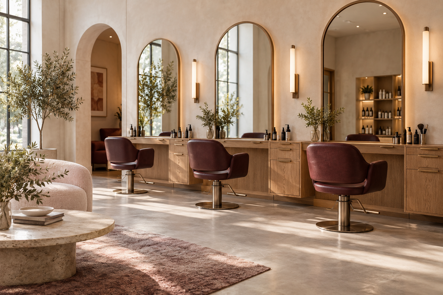 AI-generated sample · Wide architectural interior photograph of a beautiful fictional contemporary beauty studio: three styling chairs with arched mirrors, warm oak cabinetry, ivory