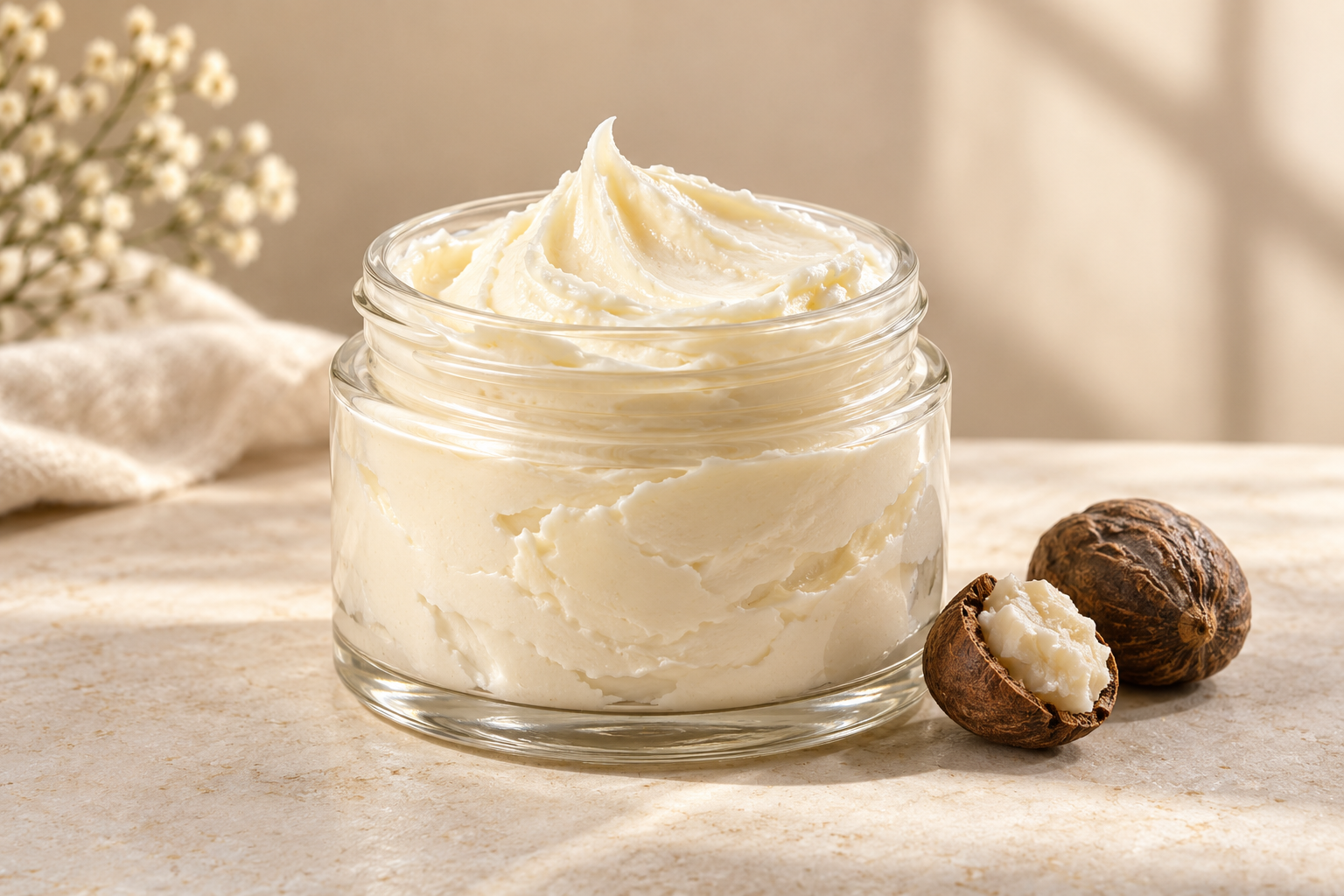 AI-generated sample · open glass jar of whipped ivory shea body butter with visible soft peaks, two shea nuts nearby