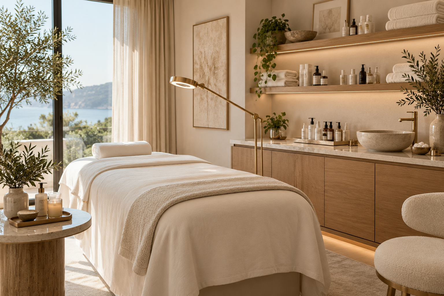 AI-generated sample · Wide architectural photograph of a fictional boutique beauty treatment room: ivory treatment bed, warm oak storage, neat skincare shelf, folded cream towels, go