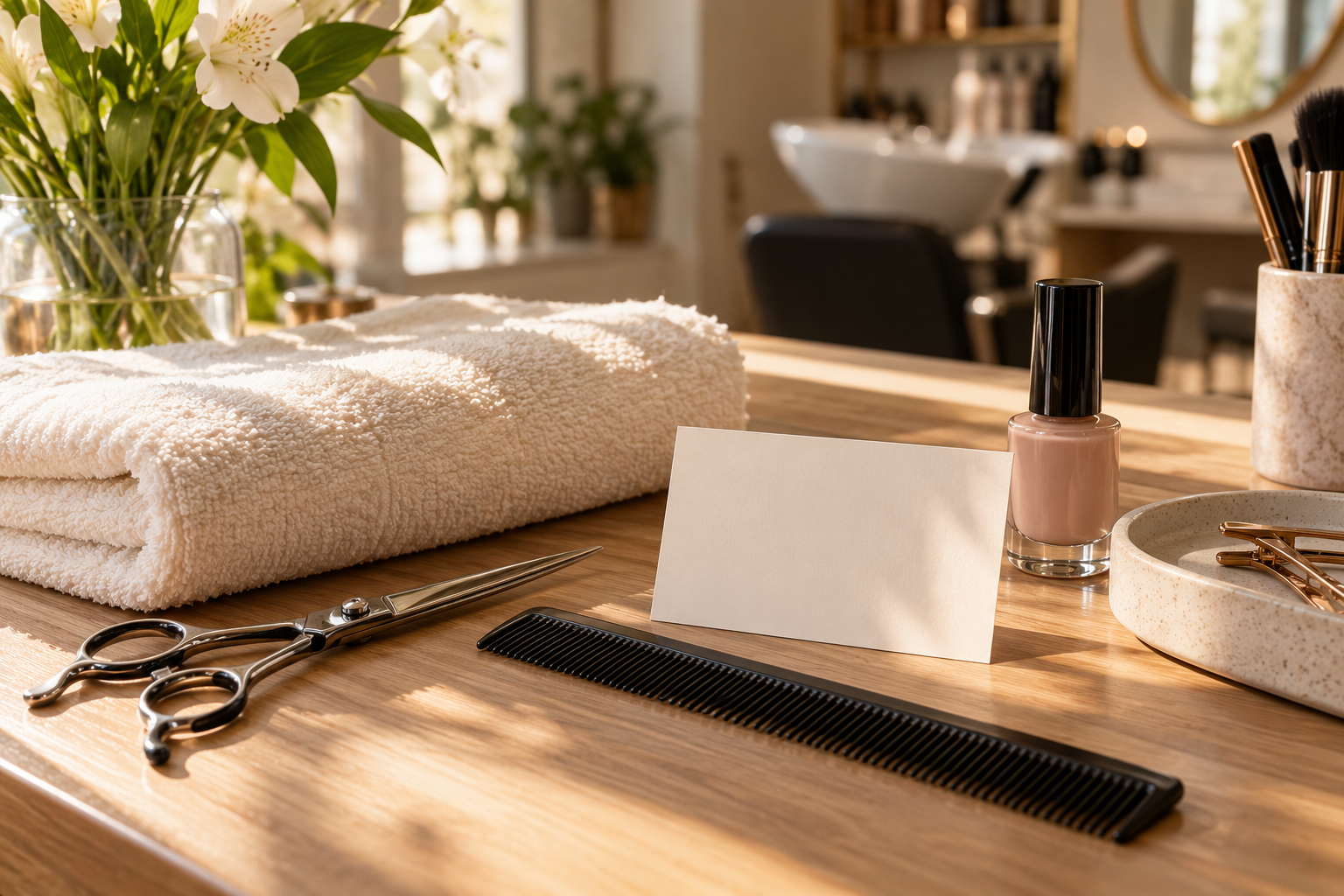 AI-generated sample · Beauty magazine still life about service value: carefully arranged salon scissors, styling comb, neatly folded cream towel, nail polish bottle and minimalist bl