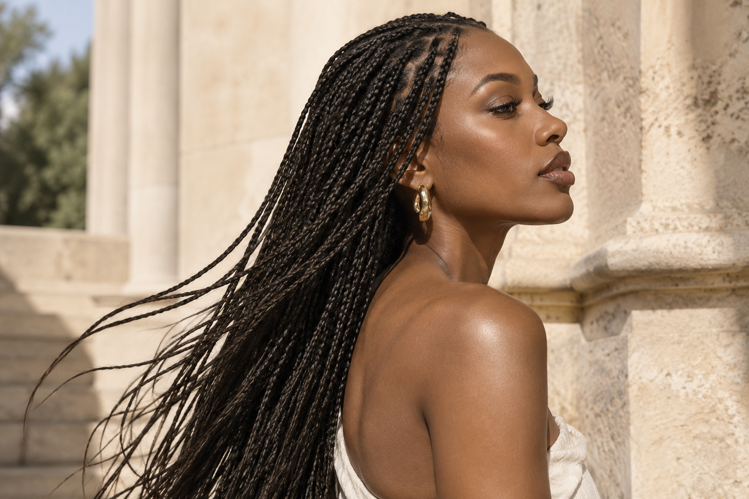 AI-generated sample · Beauty magazine cover photograph: adult Black woman with long flowing knotless braids viewed in a graceful side profile outdoors against warm pale stone, natura