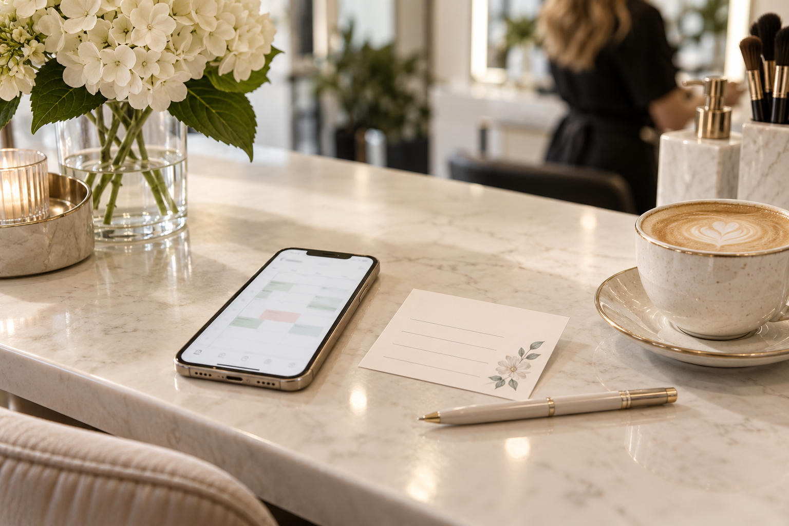 AI-generated sample · Beauty business editorial still life: a modern smartphone with a simple abstract blurred appointment calendar screen beside a small paper appointment card, eleg