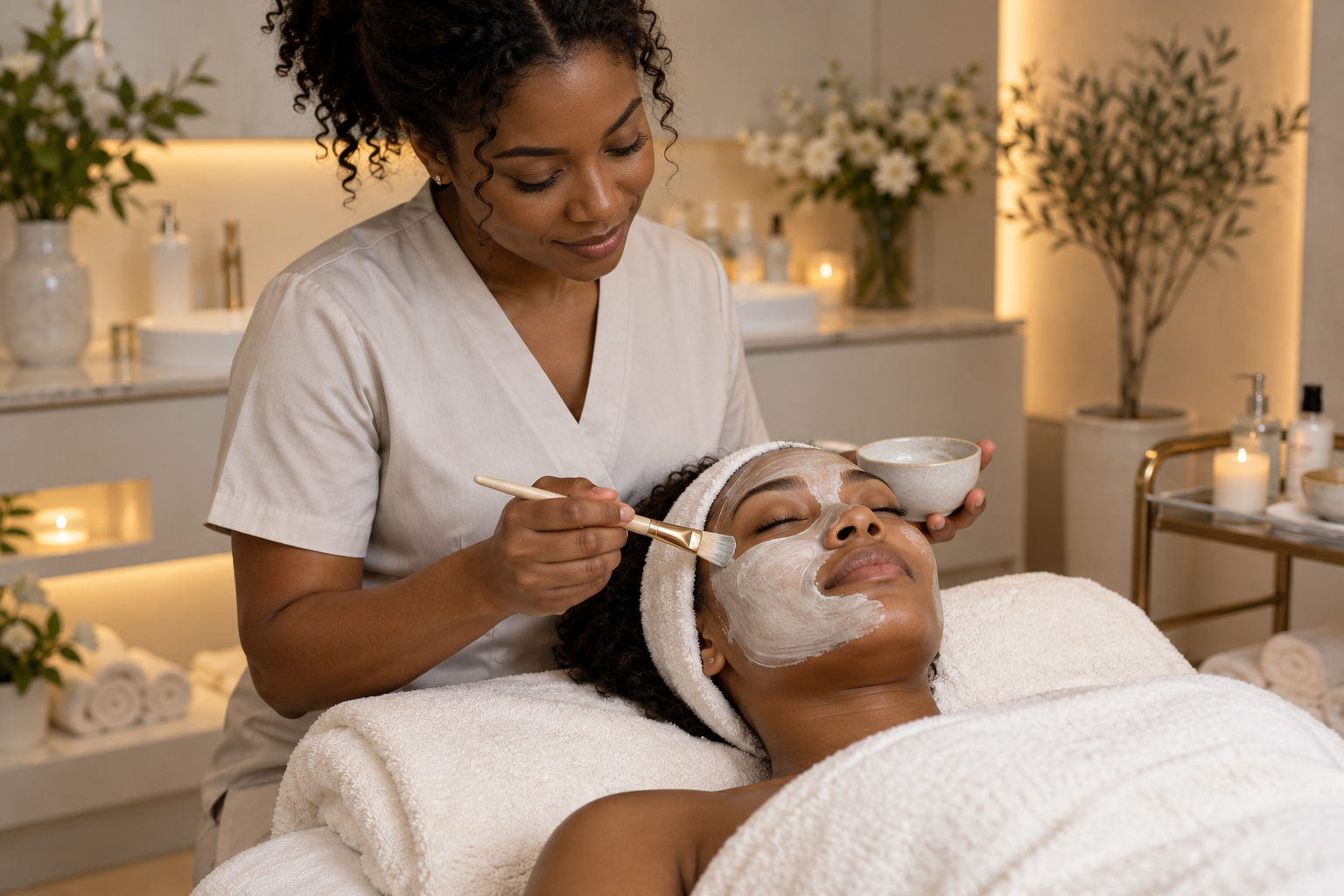 AI-generated sample · Black female esthetician gently applying a facial mask with a brush to a relaxed adult Black woman on a professional treatment bed, soft headband and cream towe