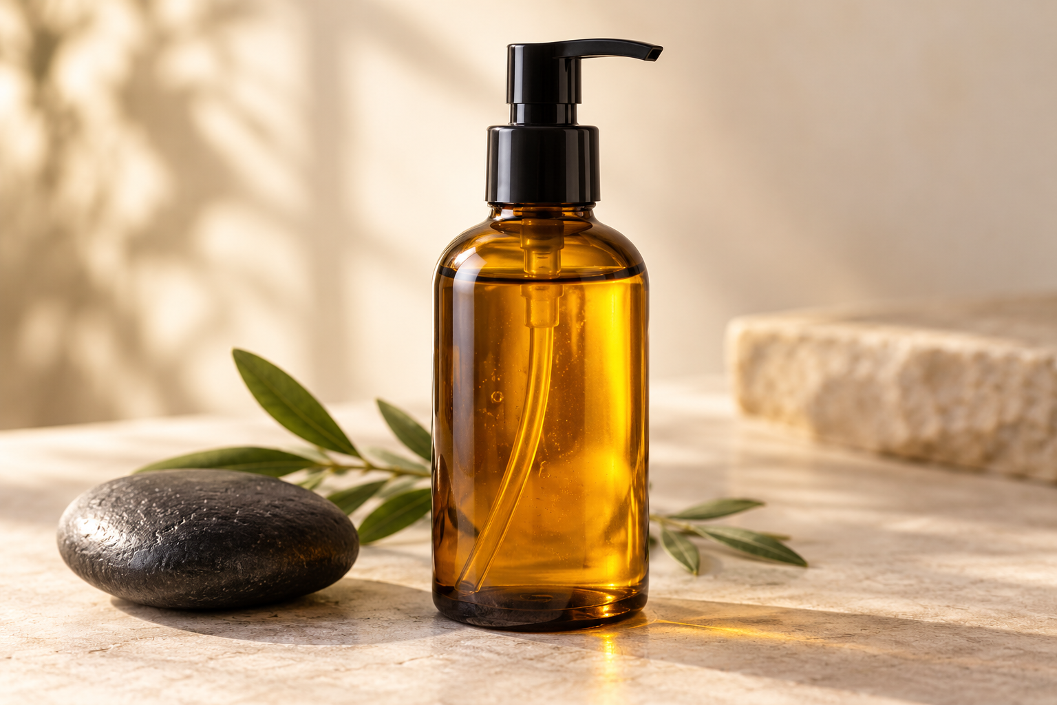 AI-generated sample · amber glass massage oil bottle with black pump, warm oil glint, small smooth basalt stone nearby