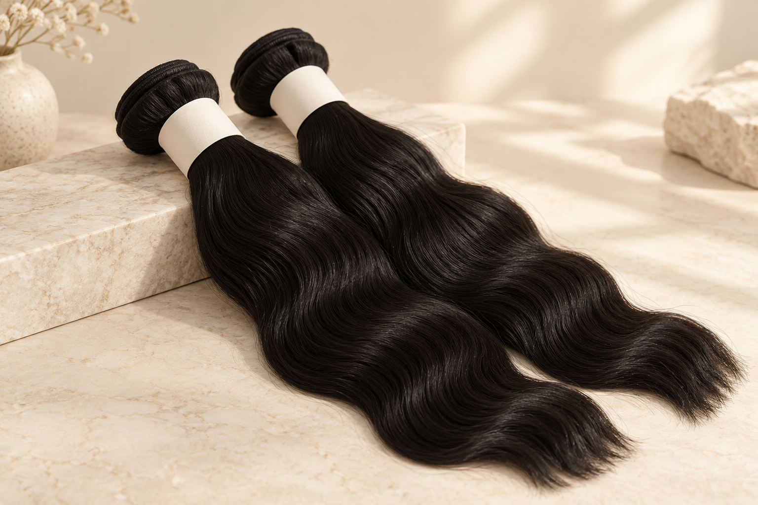 AI-generated sample · Two neatly arranged bundles of silky black pre-stretched braiding hair, gentle natural wave, simple blank paper bands