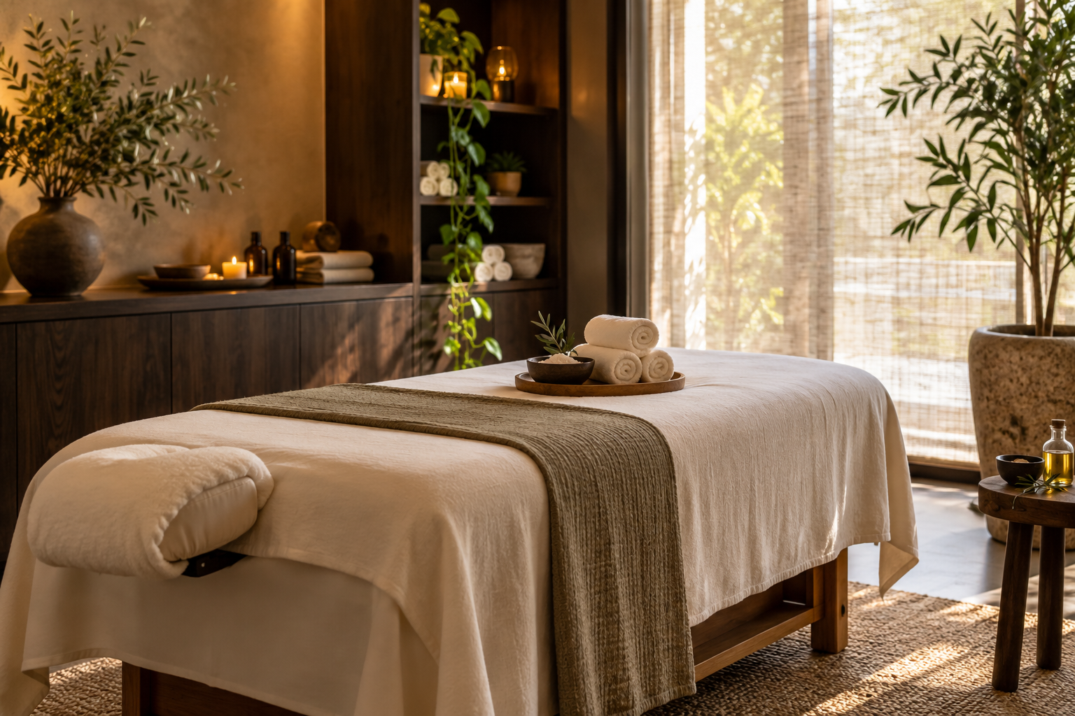 AI-generated sample · tranquil boutique massage room with an inviting prepared treatment bed, rolled ivory towels, dark timber, greenery and warm daylight through linen blinds, no pe