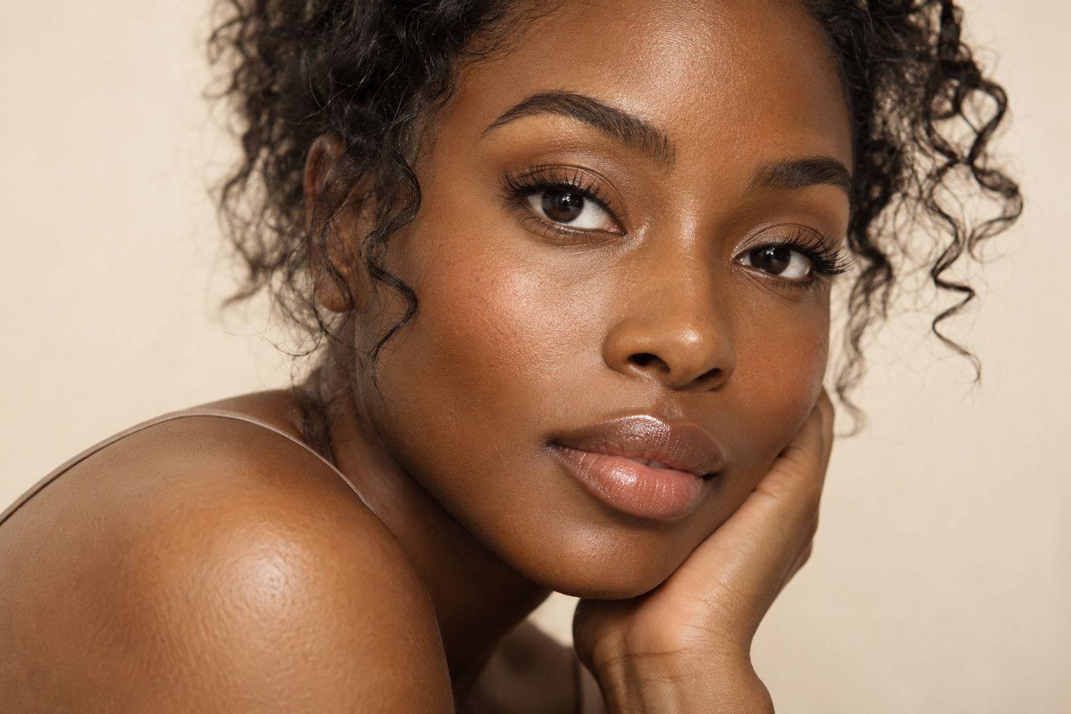 AI-generated sample · Beauty magazine close-up portrait of an adult dark-skinned woman with eyes gently open, naturally enhanced wispy lash extensions and groomed brows, subtle soft-