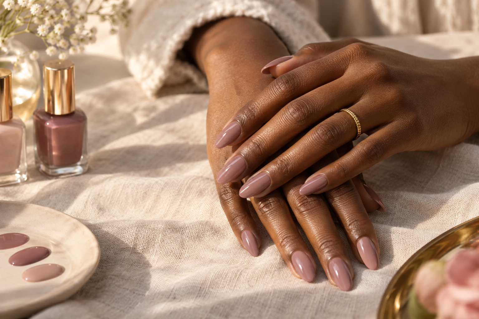 AI-generated sample · Beauty magazine macro still life: two natural dark-skinned hands resting elegantly on cream linen with a sophisticated almond-shaped mauve gel manicure, subtle