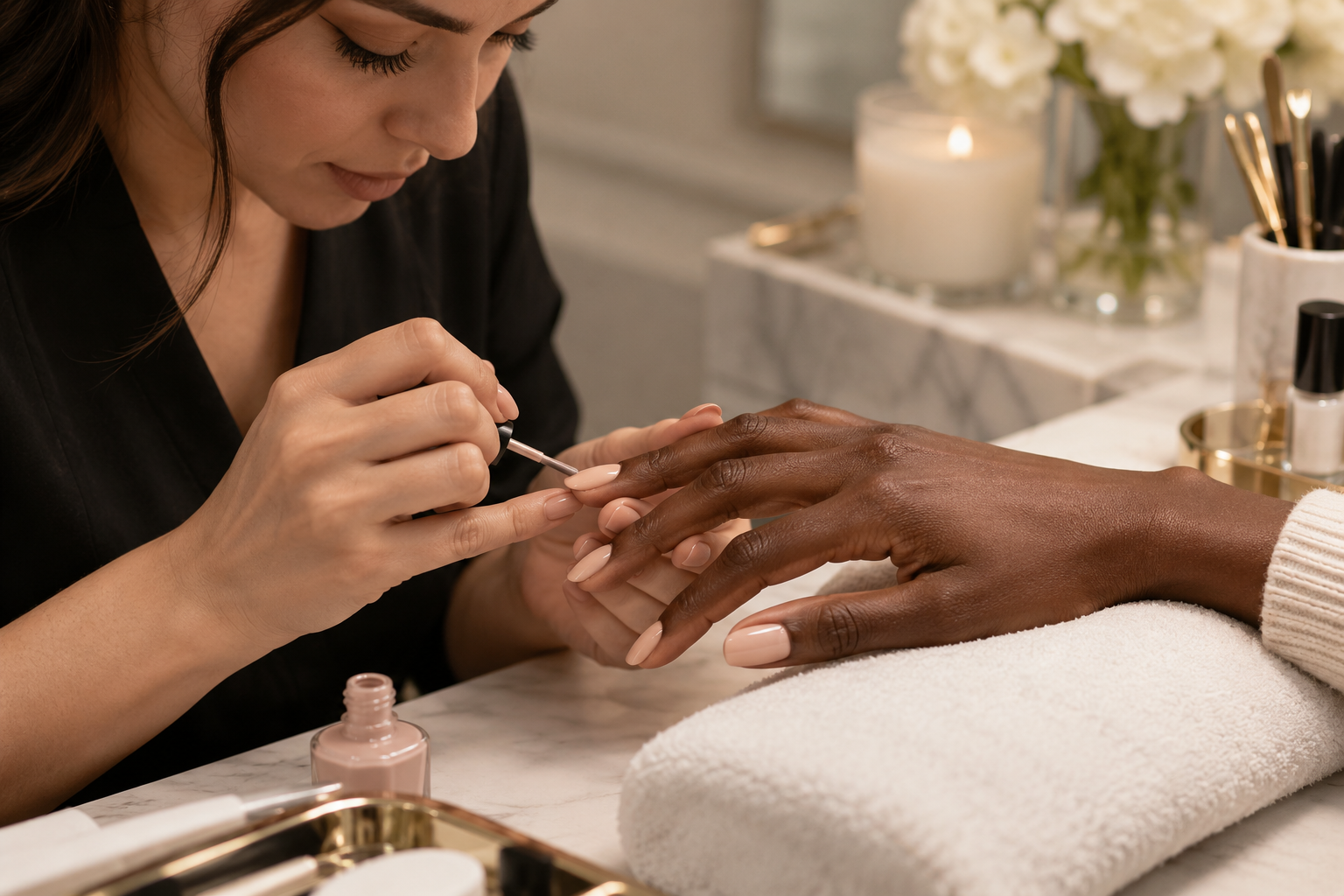 AI-generated sample · Close-up of a nail artist carefully applying a glossy soft nude manicure to a client's dark-skinned hand, anatomically natural hands, clean luxury manicure stat