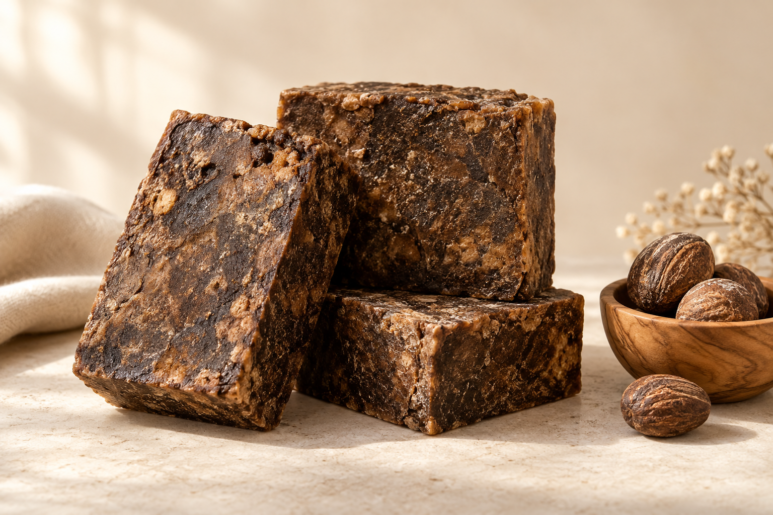 AI-generated sample · Three handmade dark brown African black soap bars, natural irregular texture, beside a tiny bowl of shea nuts