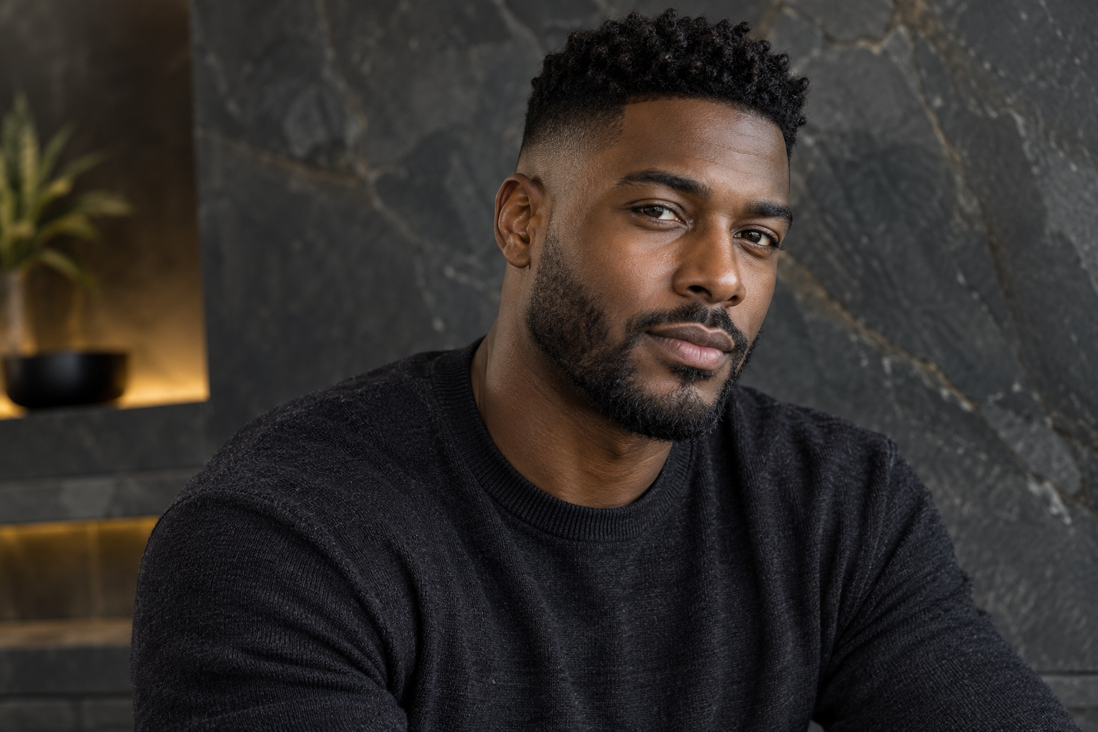 AI-generated sample · Beauty magazine portrait: adult Black man with an impeccably finished textured top and skin fade, front three-quarter portrait against softly lit slate stone, b