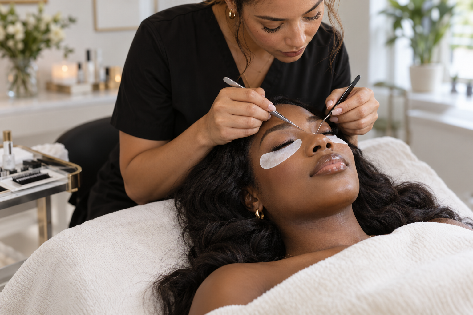 AI-generated sample · licensed lash artist carefully working on lash extensions for an adult dark-skinned woman resting with eyes gently closed, realistic delicate tools and clean ey