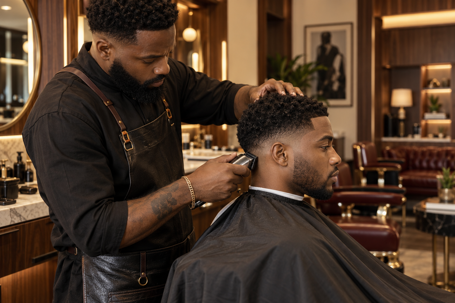 AI-generated sample · Black male barber carefully finishing a crisp low taper fade on a Black male client, clean clipper technique, side profile, elegant modern barbershop with walnu
